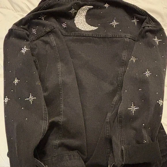 Black Denim Jacket with Silver Moon and Stars - Picture 1 of 8
